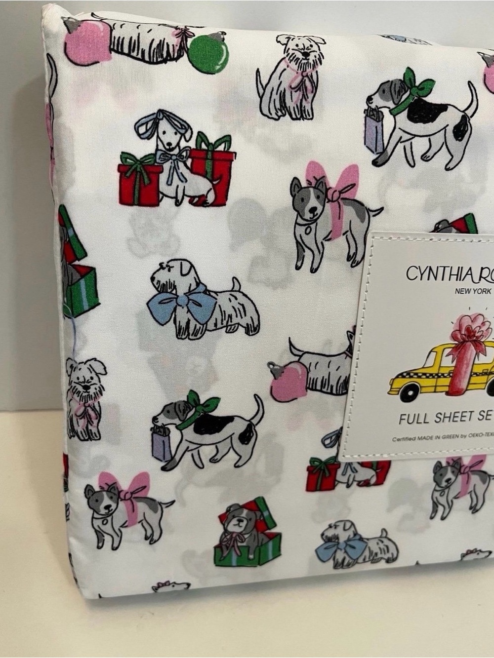 Cynthia Rowley Puppy Cheer Full Size Sheet Set Presents Bows Ornaments Gifts - Picture 3 of 11